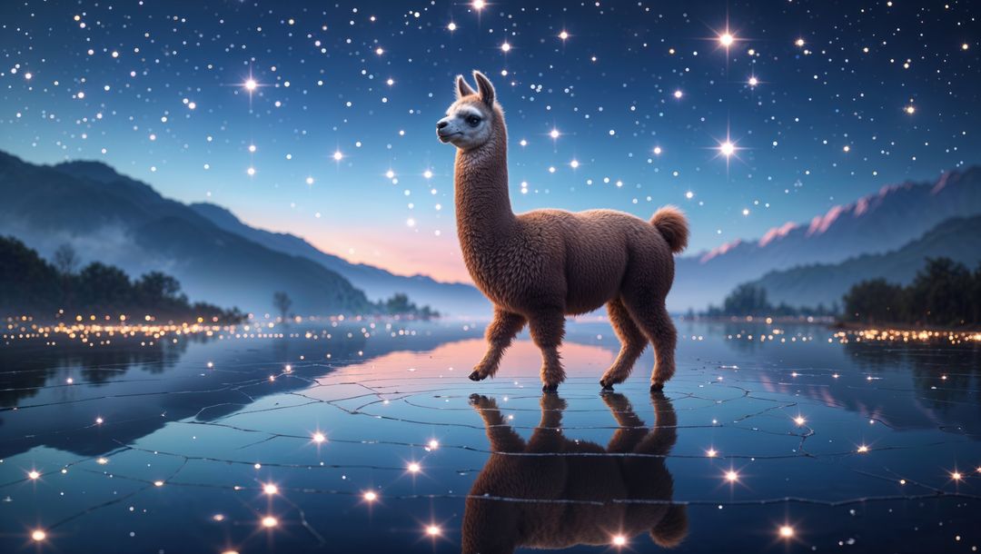 Brown llama standing on cracked alpine lake under starry twilight