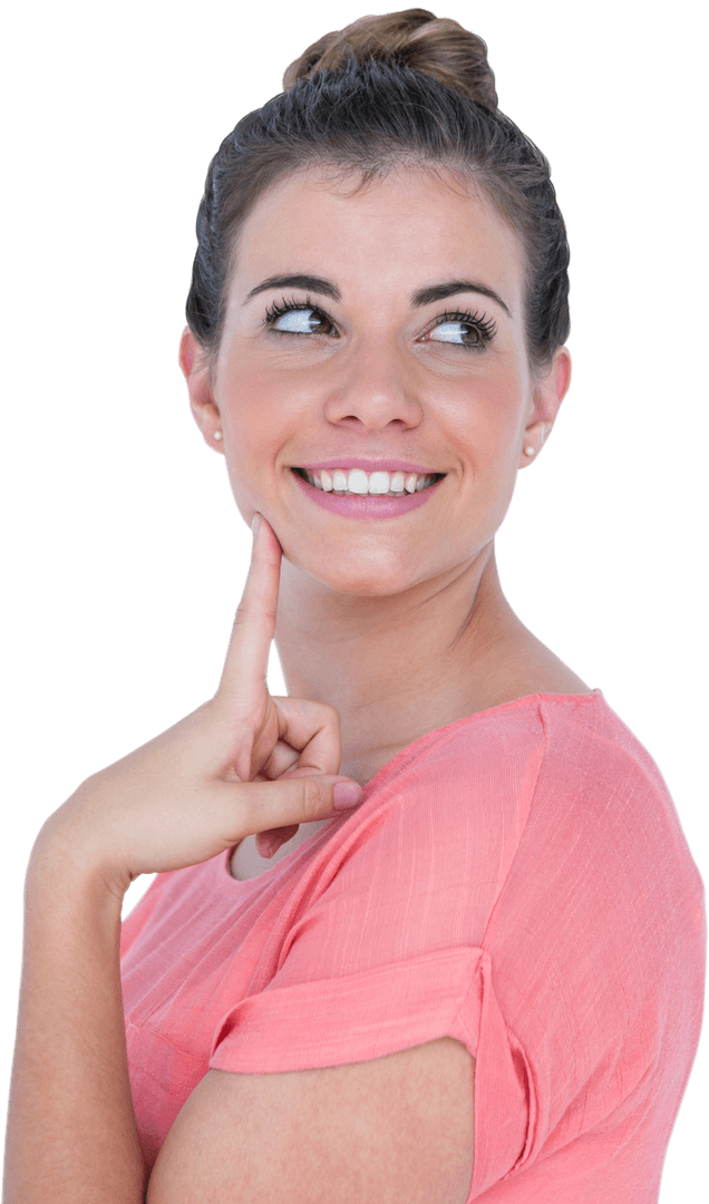 Happy Woman Looking Away with Thoughtful Expression on Transparent Background