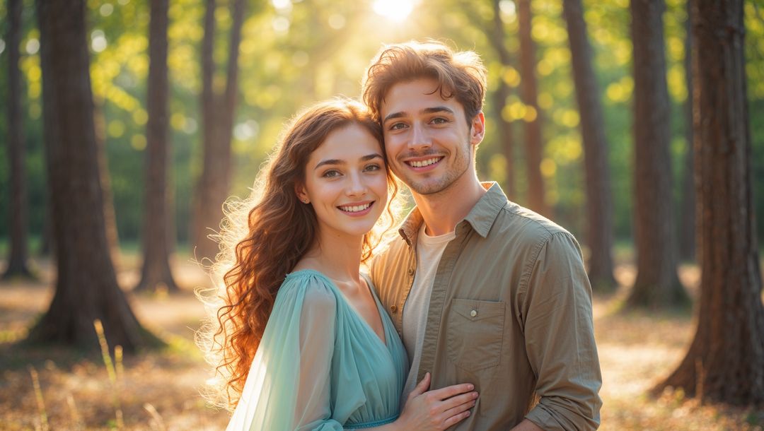 Smiling cute couple embracing in sunlit forest clearing