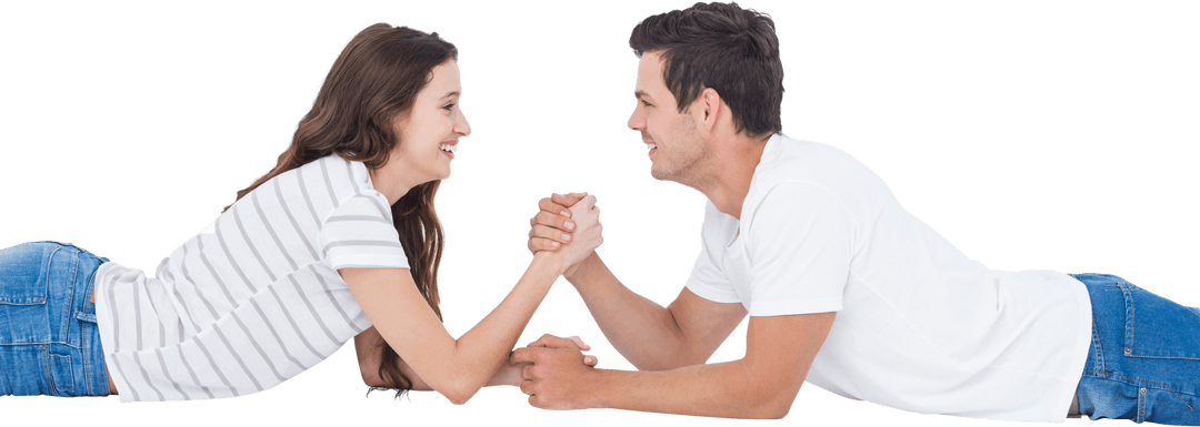 Transparent Couples Arm Wrestling Competition and Playful Interaction