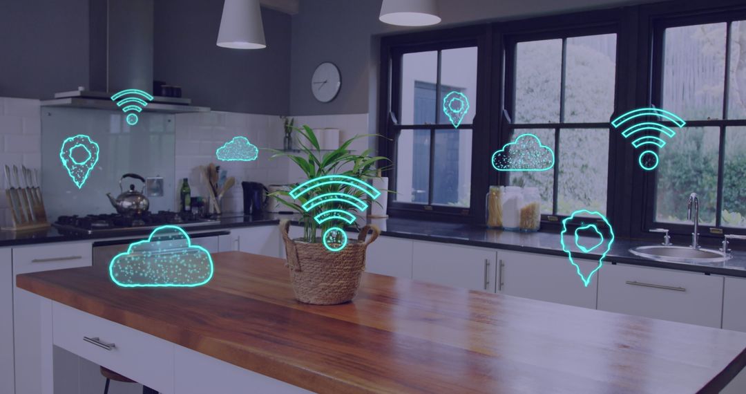 Smart Kitchen with Digital Interface and Technology Icons