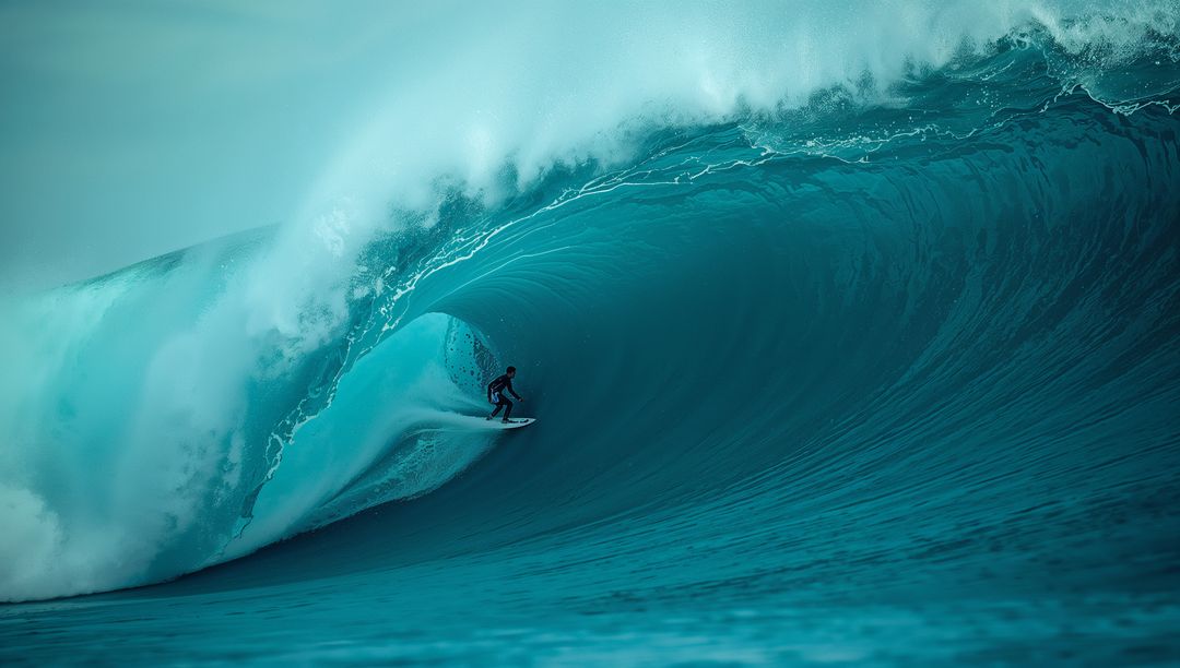 Surfer Conquering Massive Wave in Turquoise Ocean Tube