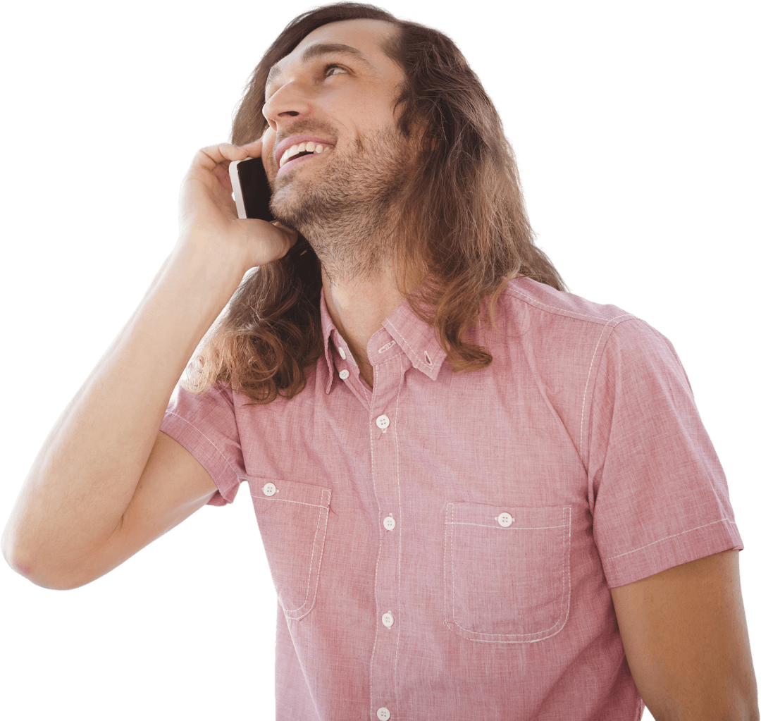 Hipster Guy Smiling While Talking on Transparent Phone in Office