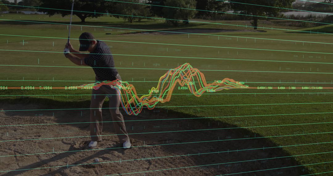 Golfer Analyzing Technique with Data Overlay on Golf Course