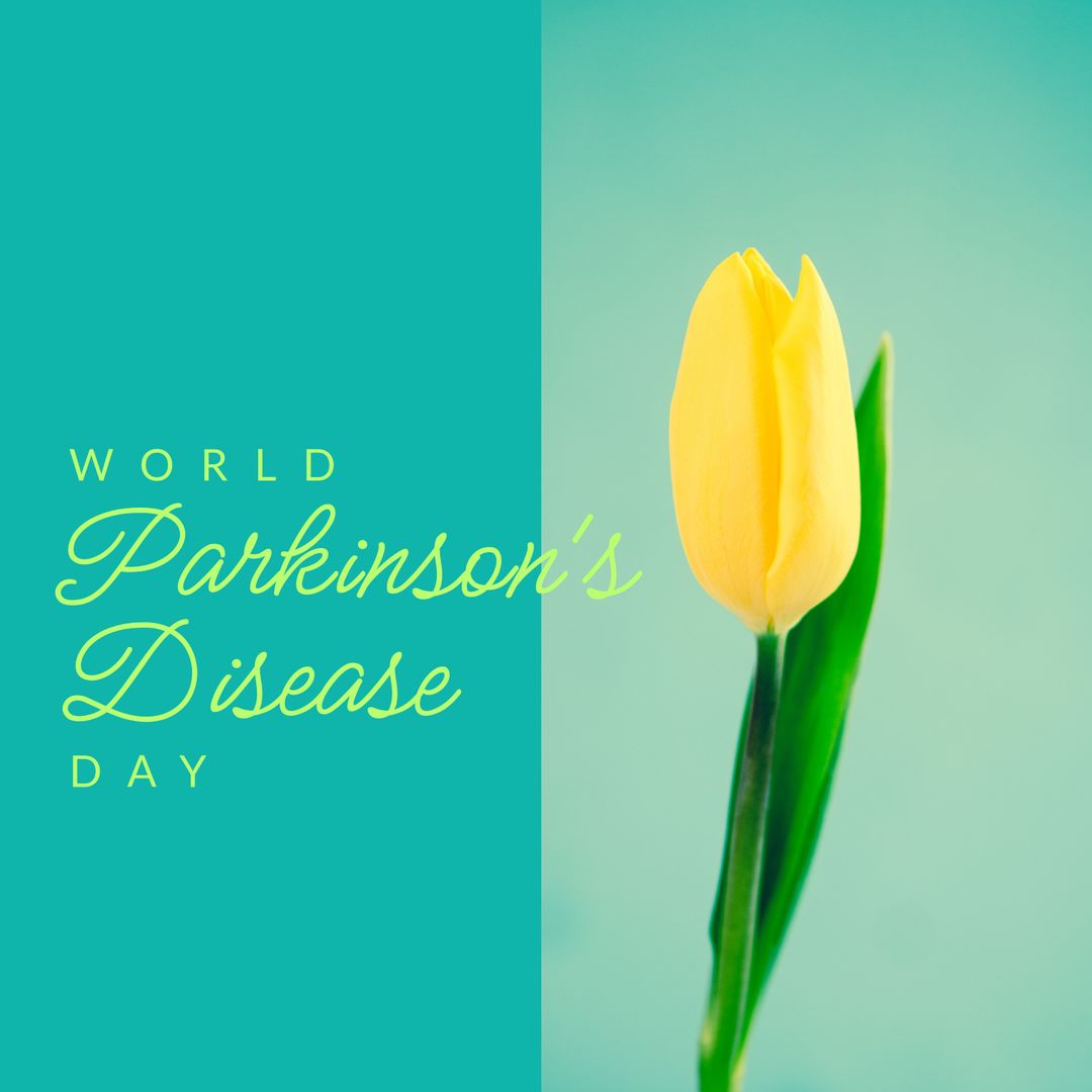 World Parkinson's Disease Day awareness poster with yellow tulip on teal background - Download Free Stock Templates Pikwizard.com