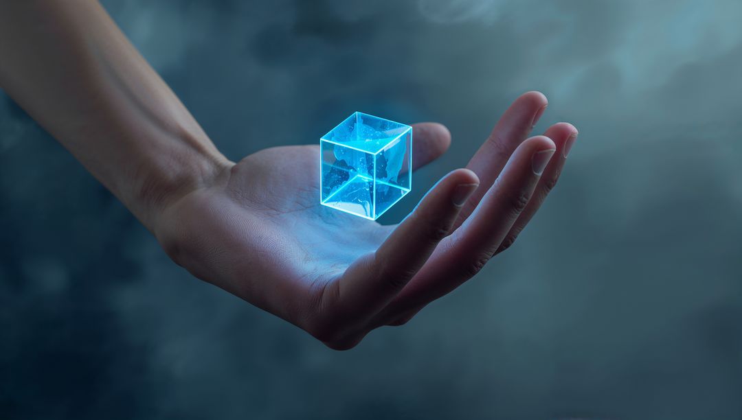 Presenting glowing holographic cube levitating above open palm for futuristic tech concept