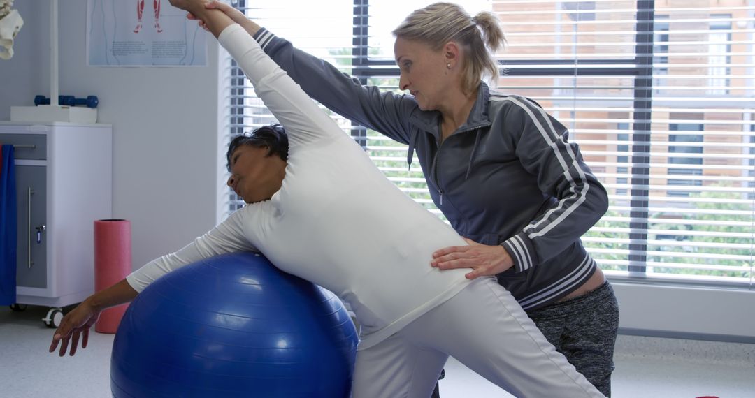 Physical therapist assisting woman with stability ball exercise - Free Images, Stock Photos and Pictures on Pikwizard.com