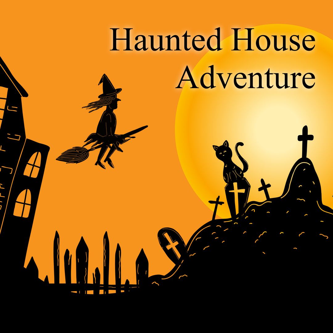 Haunted House Adventure with Witch and Black Cat Silhouettes
