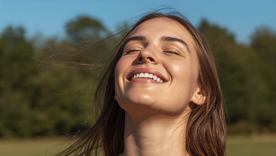 Smiling young woman tilting head back, closing eyes, basking in warm meadow sunlight