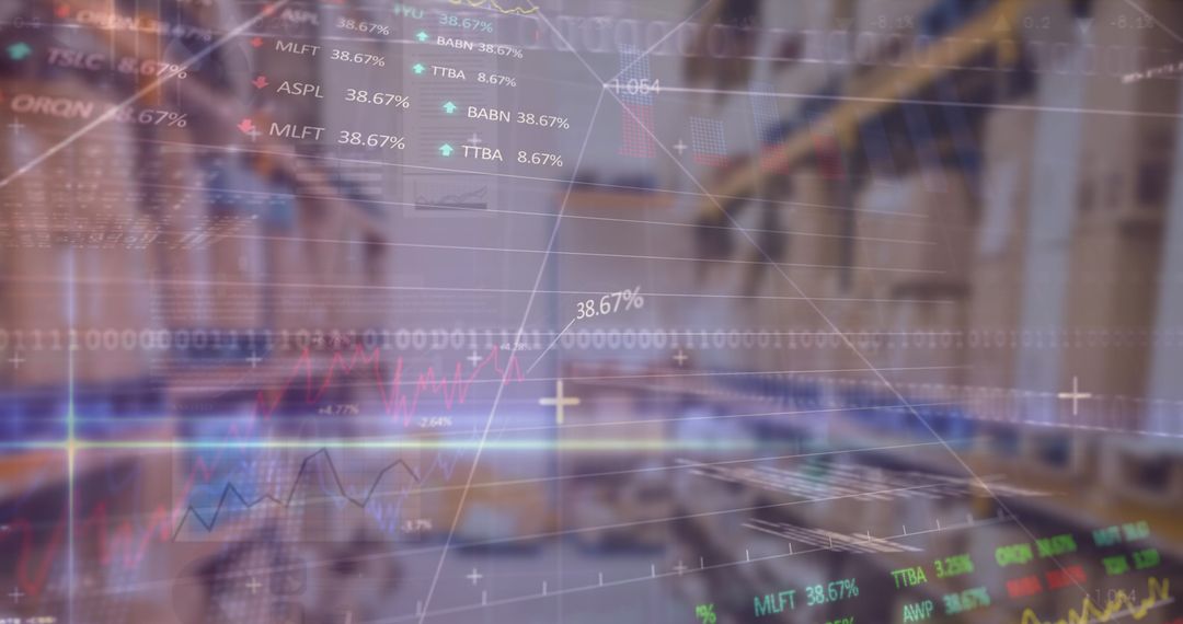 Financial Data and Graphs Overlaying Warehouse Scene