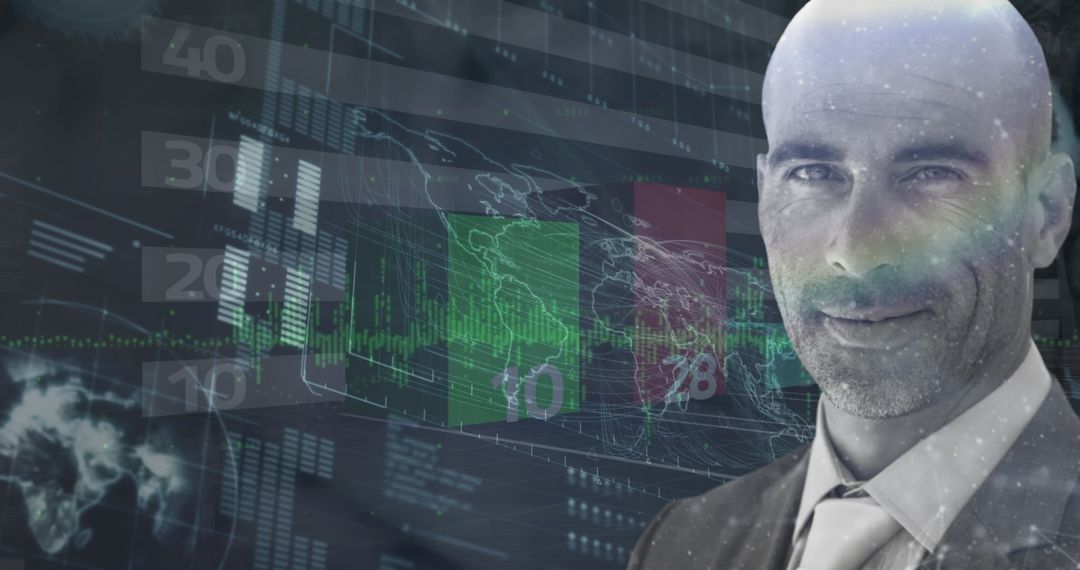 Confident Businessman with Digital Interface and Bar Graphs