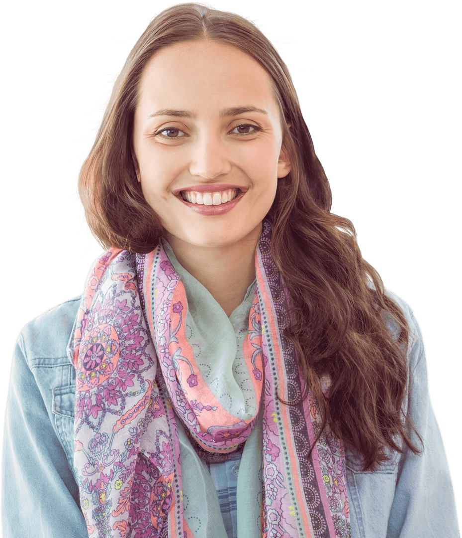 Smiling College Student with Colorful Scarf on Transparent Background