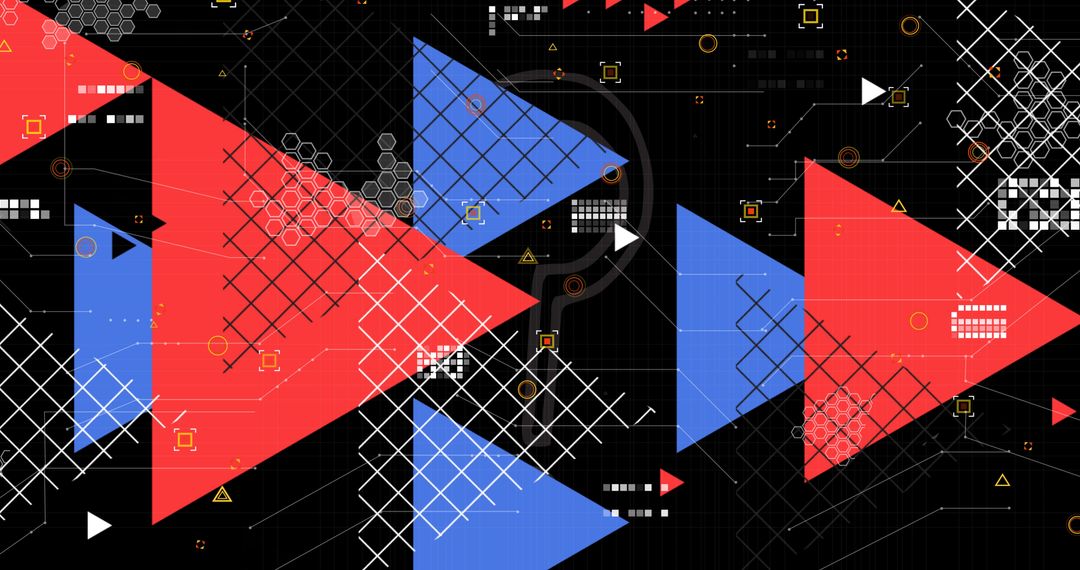 Abstract Digital Triangles with Tech Elements on Dark Background