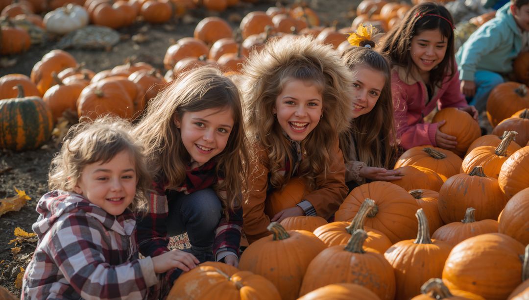 Joyful children exploring pumpkin patch on sunny autumn afternoon, laughing together