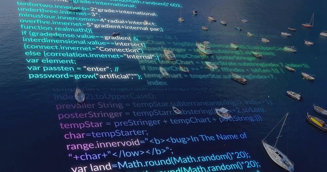 Digital Data Streams Over Serene Ocean Landscape