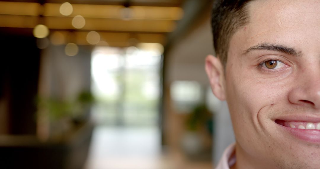 Smiling Businessman in Office Conveying Confidence and Optimism