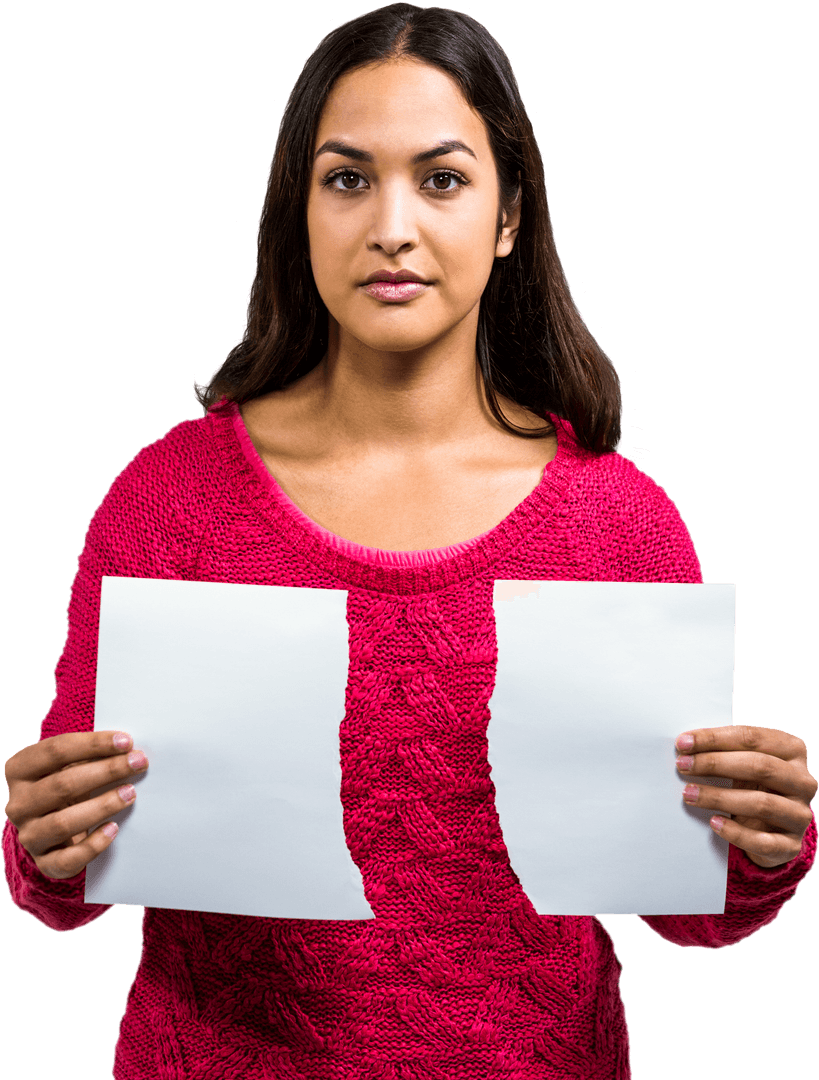 Serious Woman with Torn Documents Studio Portrait Transparent