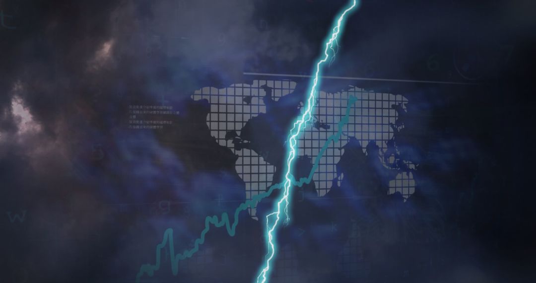 Lightning and world map with data graphics on dark interface