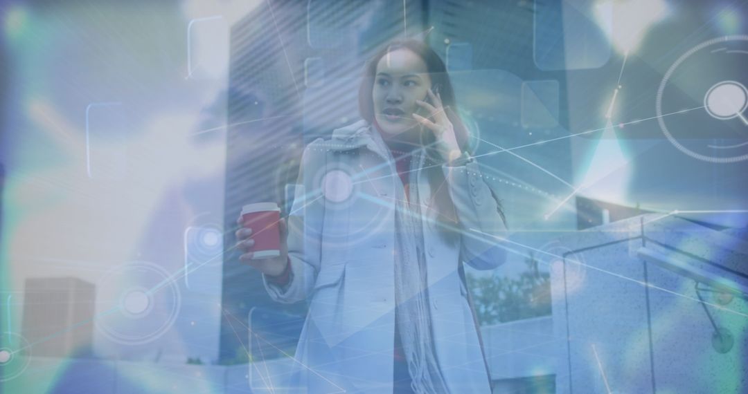 Woman on Smartphone in Futuristic Digital Network Overlay