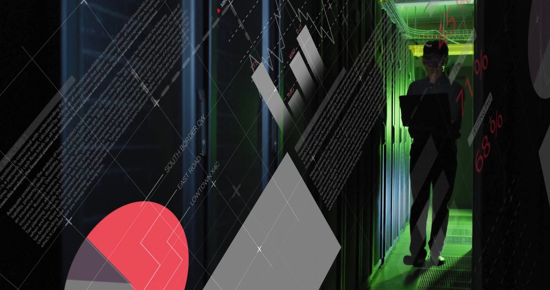 IT Engineer Managing Data in Server Room with Graphic Overlays