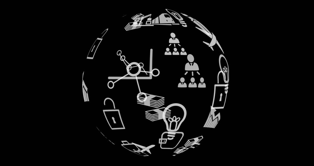 Global Technology Icons Sphere on Black Background