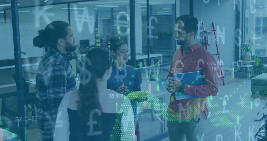 Diverse Team Collaborating with Financial Technology Overlay