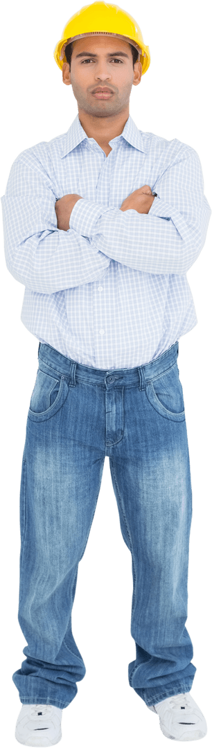 Transparent Standing Serious Handyman with Yellow Hard Hat