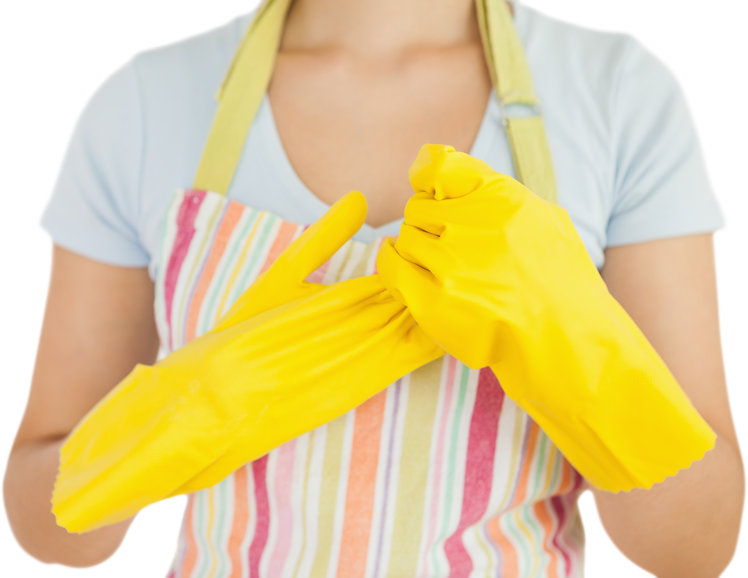 Woman Taking Off Bright Yellow Rubber Gloves in Striped Apron Transparent Background - Download Free Stock Images Pikwizard.com