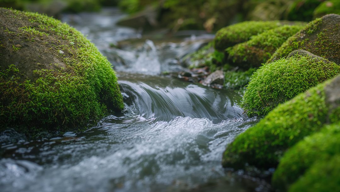 Flowing Moss-Covered Creek Curving Over Smooth Stones Creating Serene Woodland Ripples