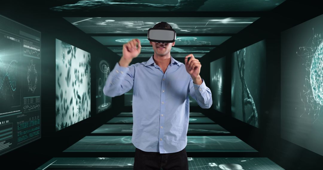 Businessman Using VR Headset in High-Tech Medical Data Environment