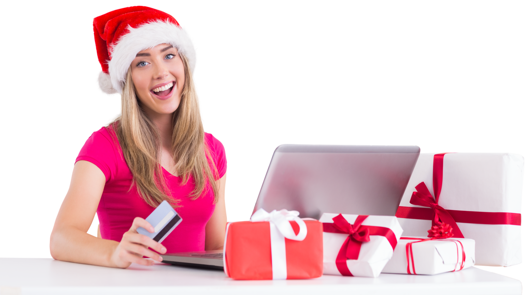 Smiling Woman in Santa Hat Shopping Online with Presents on a White Background, Transparent - Download Free Stock Images Pikwizard.com