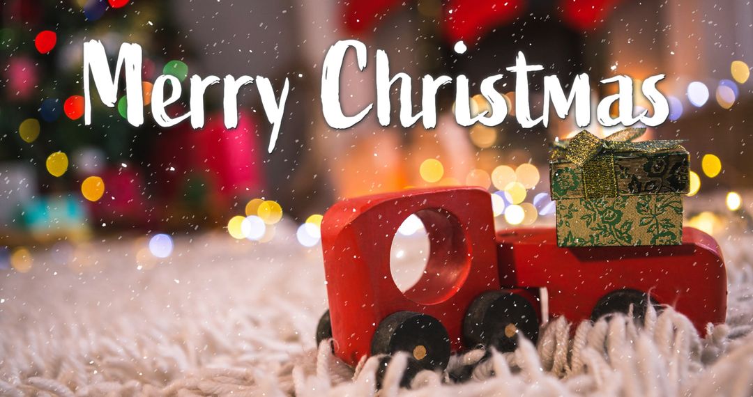 Festive Christmas Greeting with Toy Train and Bokeh Lights