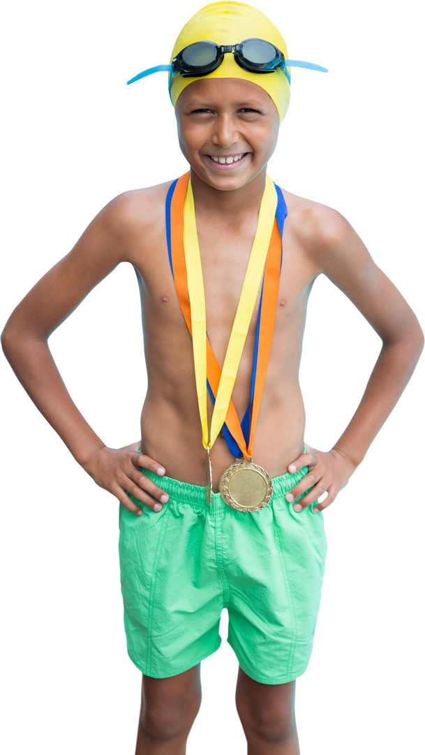 Transparent Image of Happy Boy Wearing Medals and Swimming Gear with Hands on Hips - Download Free Stock Images Pikwizard.com