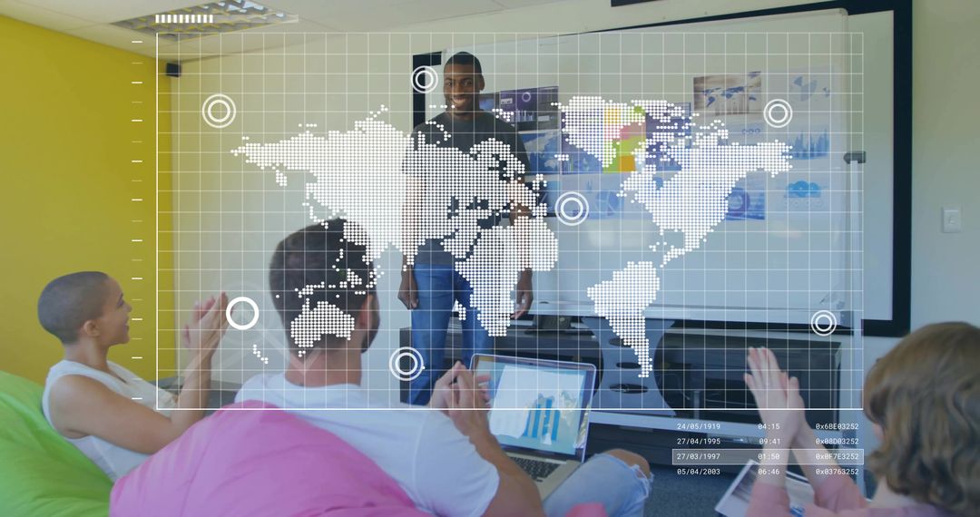 Modern Office Team Meeting with Digital World Map Overlay and Bean Bags