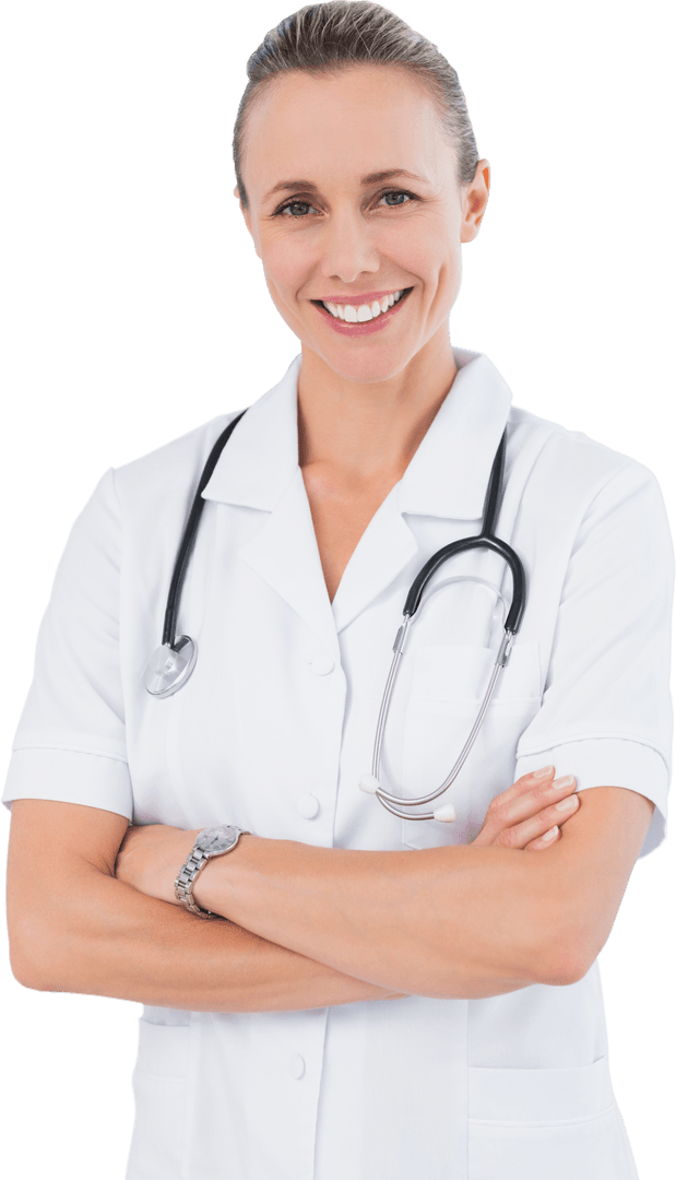 Confident Caucasian Female Doctor Standing Smiling on Transparent Background