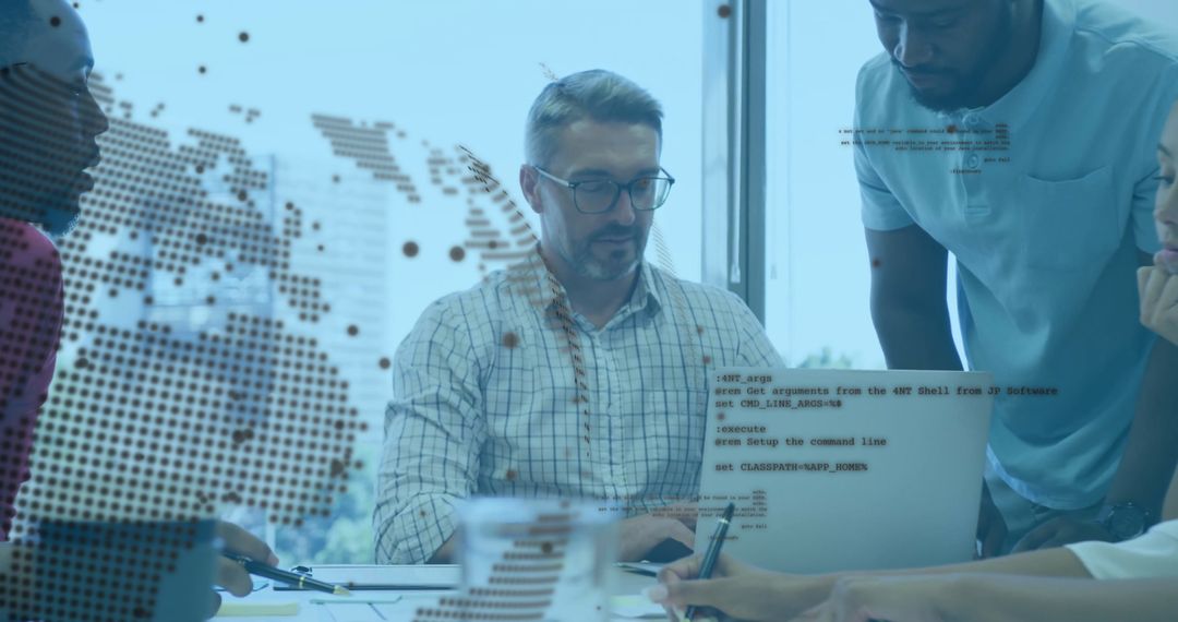 Collaborative Teamwork in Modern Technology Office with Code Overlay