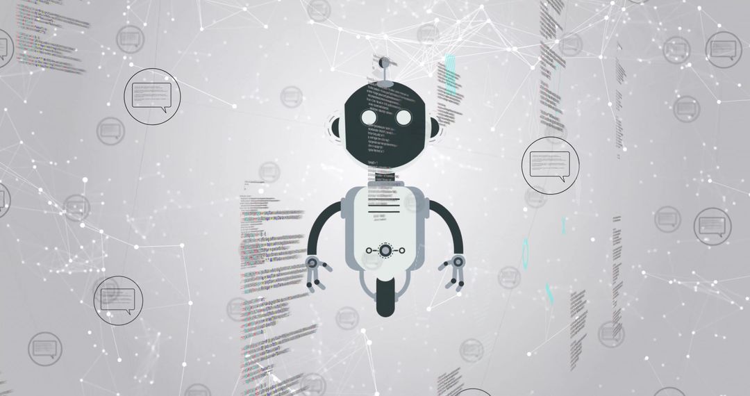 Robot Amid Digital Network Connections and Data Streams