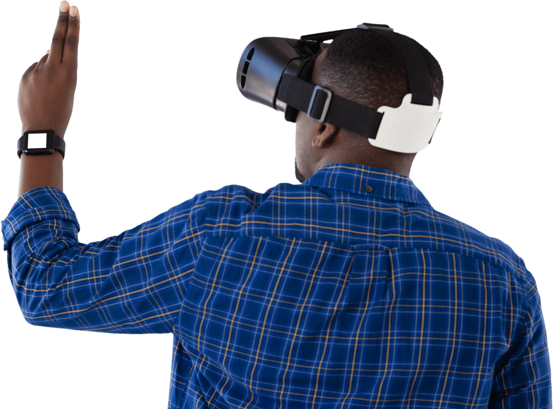 Man Interacting with Virtual Reality Through Transparent Headset
