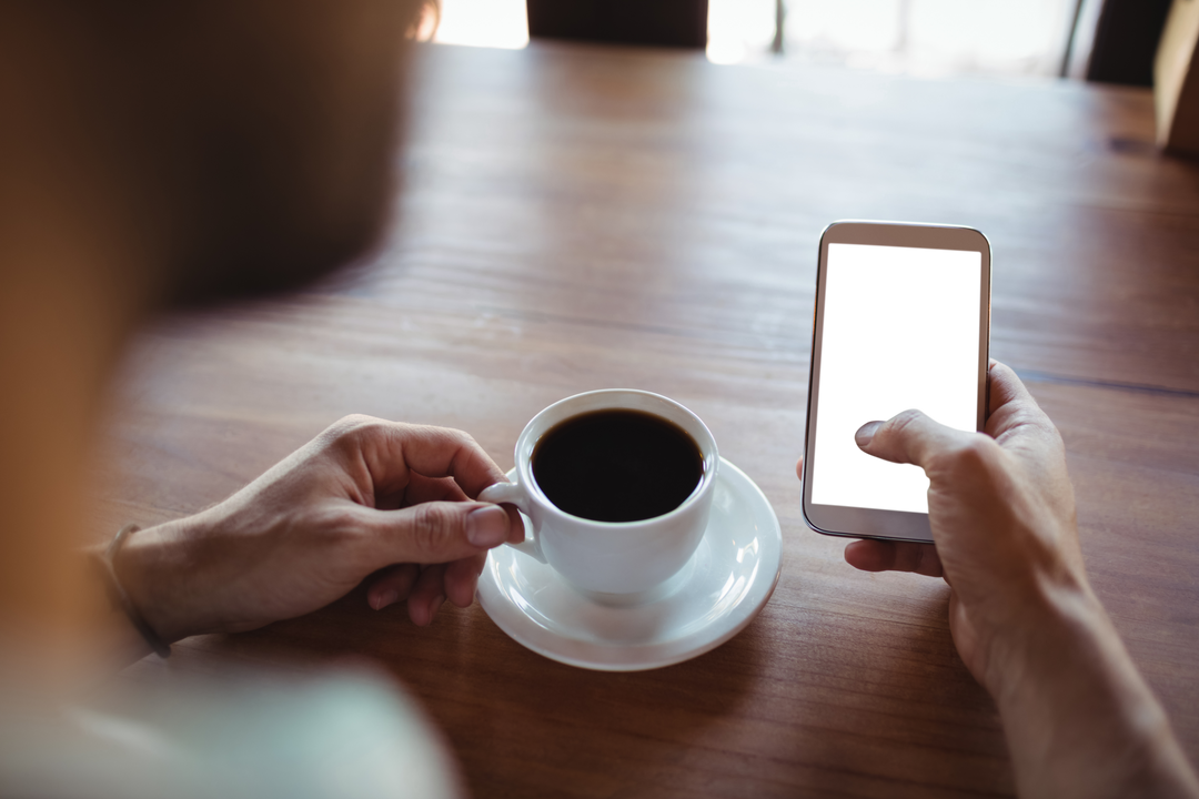 Transparent Smartphone with Coffee and Hand Overlay - Download Free Stock Images Pikwizard.com