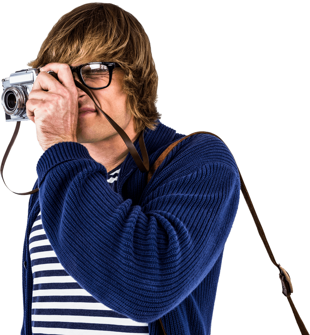 Hipster Photographer Holding Vintage Camera on Transparent Background