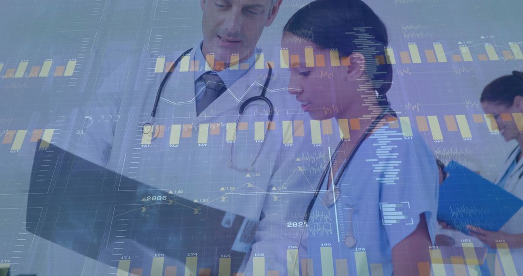 Doctors Discussing Patient Chart with Healthcare Data Aesthetic