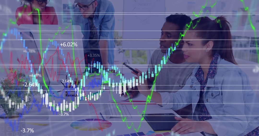 Diverse Team Discussing Stock Market Reports with Overlayed Growth Charts