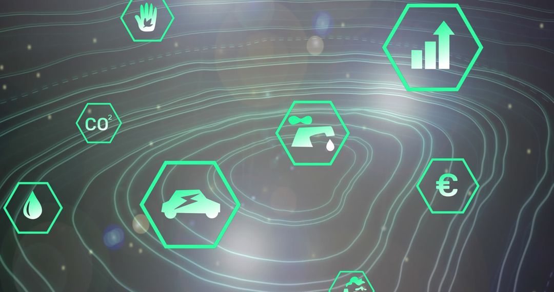 Futuristic Renewable Energy Icons over Digital Wave Patterns