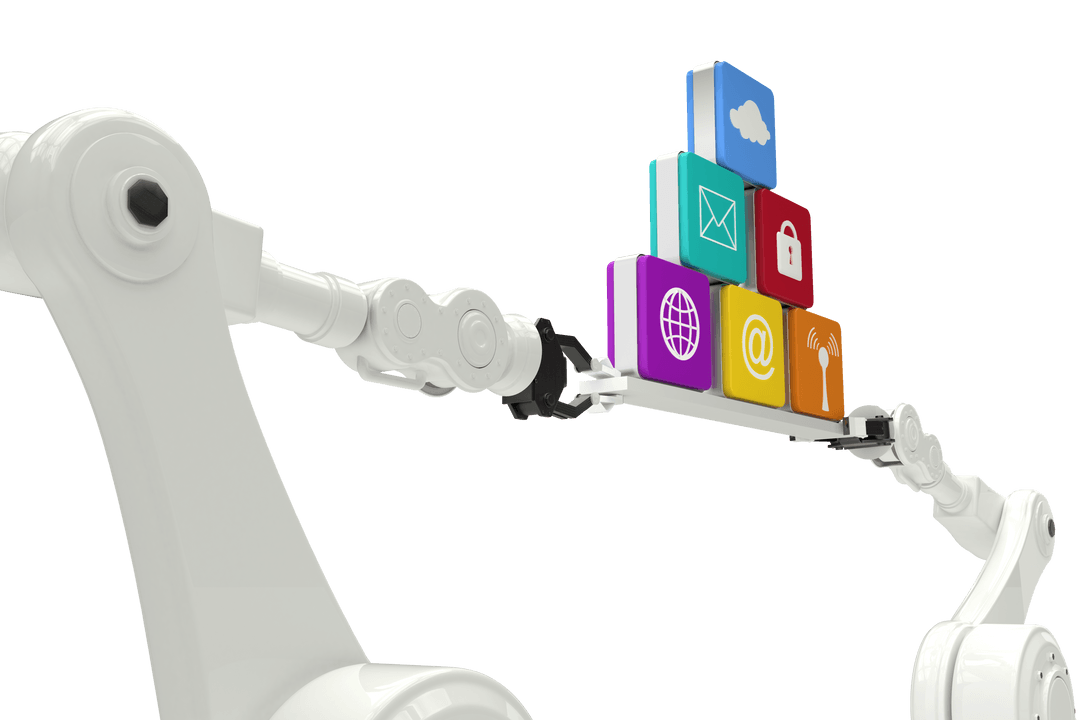 Robot Arms Holding Colorful 3D Computer Icons Transparent