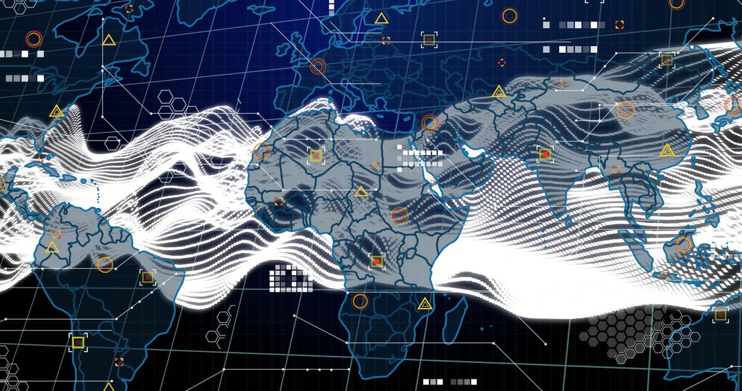 Futuristic World Map with Waveforms Signifying Global Data Flow