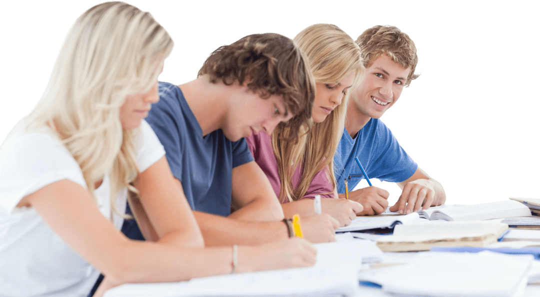 Transparent Studious Group of Young Adults Focused on Writing Assignments