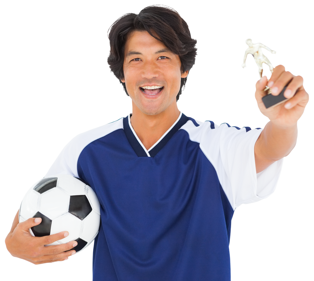 Happy Soccer Player Holding Trophy and Ball Facing Forward Transparent Background - Download Free Stock Images Pikwizard.com