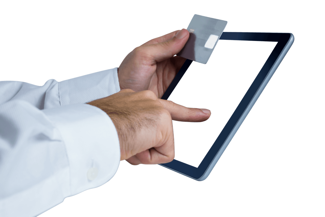 Businessman Using Tablet for Online Payment on Transparent Background
