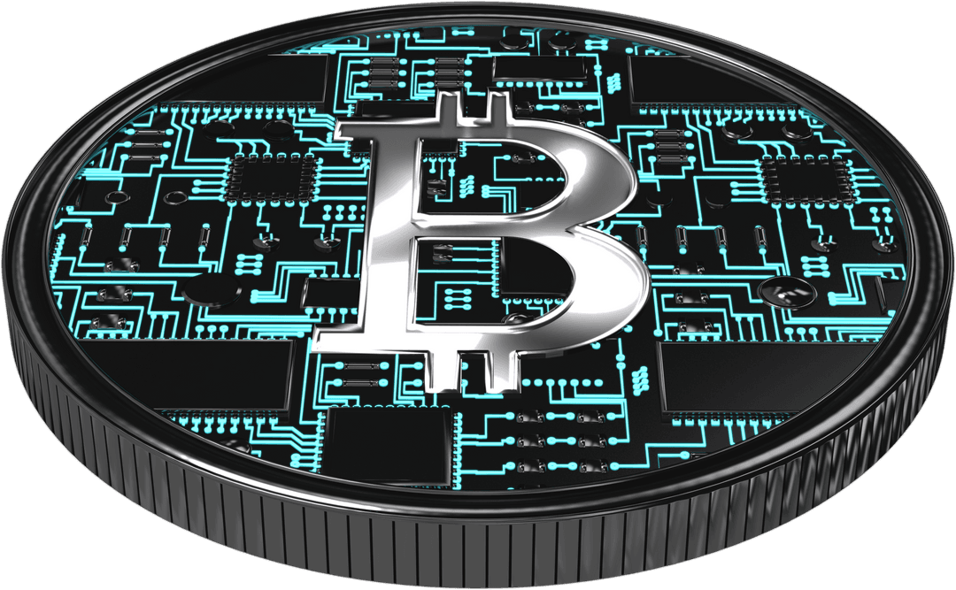Transparent Bitcoin Coin over Digital Circuit Board Design