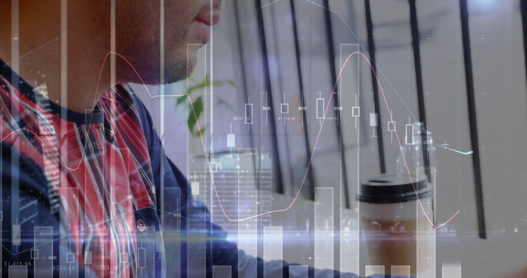 Man Analyzing Financial Data on Laptop with overlaying Statistics